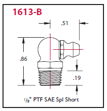 1613-B Alemite 1/8" PTF 90 deg. Fitting - Hex Size, 7/16" - Overall Length, 27/32" - Shank Length, 19/64" - Beltsmart