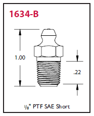 1634-B Alemite Threaded Leak Proof Straight Fitting - Thread: 1/8" PTF SAE Short - Hex Size: 7/16" - Overall Length: 1" - Shank Length: 33/64" - Max. Back Pressure: 10,000 PSI - Beltsmart