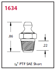 1634 Alemite Threaded Leak Proof Straight Fitting - Thread: 1/8" PTF SAE Short - Hex Size: 7/16" - Overall Length: 27/32" - Shank Length: 23/64" - Max. Back Pressure: 10,000 PSI - Beltsmart