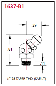 1637-B1 Alemite 1/4"-28 Taper Thread 45 deg. Fitting - Hex Size, 3/8" - Overall Length, 13/16" - Shank Length, 13/64" - Beltsmart