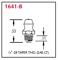 1641-B Alemite 1/4"-28 Taper Thread Straight Fitting - Hex Size, 5/16" - Overall Length, 35/64" - Shank Length, 3/16" - Beltsmart