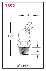 1692 Alemite Threaded Leak Proof 30 deg. Fitting - Thread: 1/8" NPTF - Hex Size: 7/16" - Overall Length: 1-7/32" - Shank Length: 25/64" - Max. Back Pressure: 3,000 PSI - Beltsmart