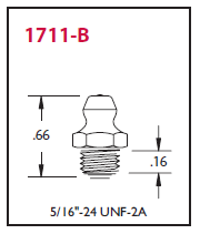 1711-B Alemite Special Thread Fitting - Thread: 5/16"-24 UNF-2A - Configuration: Straight - Hex Size: 3/8" - Overall Length: 21/32" - Shank Length: 5/32" - Beltsmart