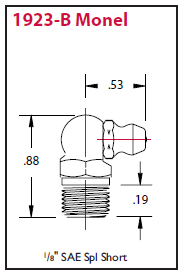 1923-B Alemite 90 deg. Monel Fitting - Thread, 1/8" PTF Taper - Hex Size, 7/16" - Overall Length, 7/8" - Shank Length, 11/32" - Beltsmart