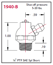 1940-B Alemite Hydraulic Shut Off 60 deg. Fitting - Hex Size: 5/8" - Overall Length: 1" - Shank Length: 17/64" - Shutt-off Pressure: 5-20 psi - Beltsmart