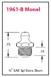1961-B Alemite Straight Monel Fitting - Thread, 1/8" PTF Taper - Hex Size, 7/16" - Overall Length, 3/4" - Shank Length, 5/16" - Beltsmart
