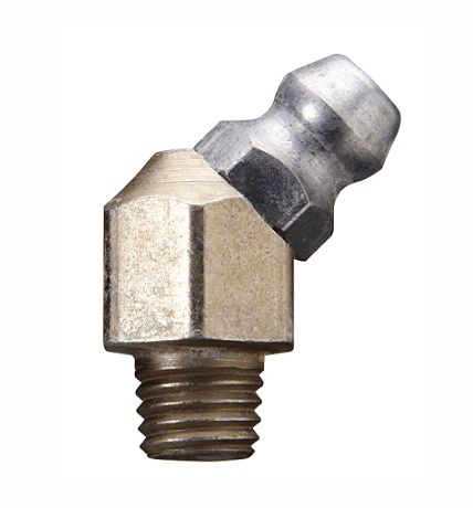 3053-B Alemite 1/4"-28 and 1/8" Thread Forming 45 deg. Fitting - Hex Size, 3/8" - Hole Size recommended, .230 - .235 - Beltsmart