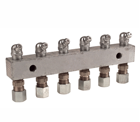 6136 Alemite Header Block - Size: 6-point - Length: 5-3/4" - Inlet/Outlet Threads: 1/8" NPTF(f) - Fittings: 1612-B