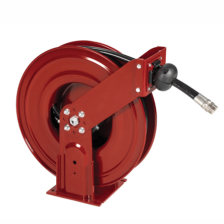 8081-D Alemite Narrow Double Post Reels - Oil - Reel Inlet, 1/2" NPSM(m) - Delivery Hose Outlet, 1/2" NPTF(m) - Delivery Hose specification, 1/2" x 50' (317813-50) - Max Pressure, 1,800 PSI