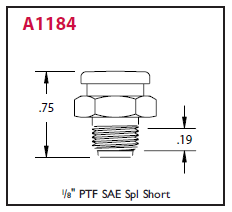 A1184 by Alemite | Button Head Standard Fitting | Thread: 1/8" PTF | Hex Size: 5/8" | Overall Length: 3/4" | Shank Length: 11/32" | Trivalent Zinc Plating