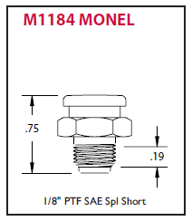 M1184 by Alemite | Button Head Standard Fitting | Thread: 1/8" PTF | Hex Size: 5/8" | Overall Length: 3/4" | Shank Length: 11/32" | Trivalent Zinc Plating
