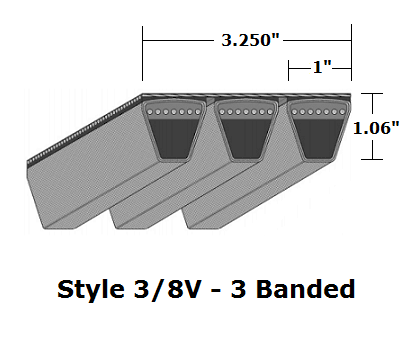 3/8V3150 Wedge 3- Banded Wrapped V- Belt - 3/8V - 315" O. C. - Beltsmart